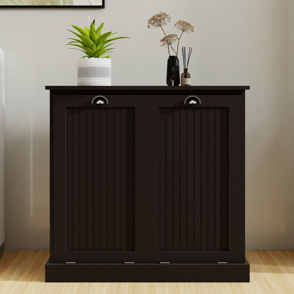 English Elm Two-Compartment Tilt-Out Laundry Sorter Cabinet Black — UV Finish, 100lb Capacity, Space-Saving 38x18x8 PMID W1120139082