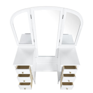 English Elm Antique Glam Vanity Desk with Triple Mirror, Stool & 6 Drawers, Full‑Length Mirror, White Elegance N844P285297A