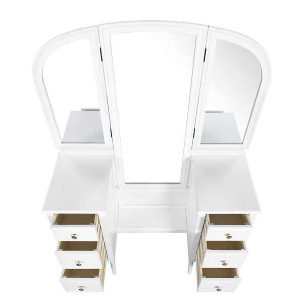 English Elm Antique Glam Vanity Desk with Triple Mirror, Stool & 6 Drawers, Full‑Length Mirror, White Elegance N844P285297A