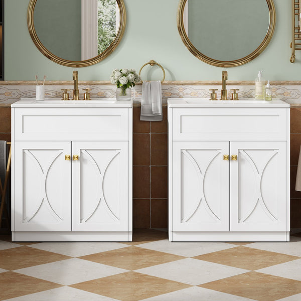 English Elm 60'' Bathroom Vanity Set With Glossy Ceramic Sink, Modern Cabinet, Gold Handles & Soft-Close Doors N710SS00005K