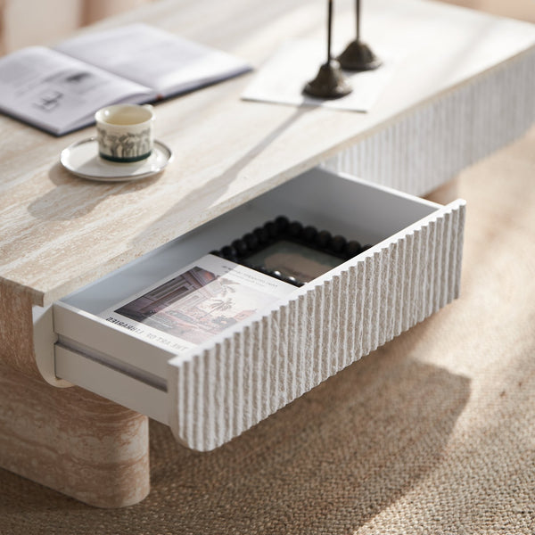 English Elm Coffee Table Mid Century Modern Oval with Faux Marble Top, Fluted Hidden Drawer, Small Space Friendly W3040P382310