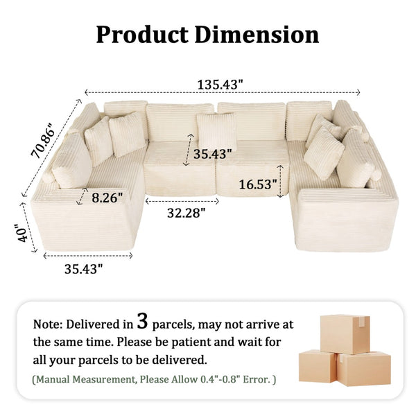 English Elm 135.5" Beige Corduroy U-shaped Sectional Six-seater with Reversible Chaise for Living Rooms W3276S00019