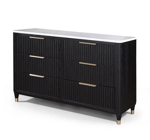 English Elm Modern Streamlined Chest with Engineered Stone Top and Brass Hardware — Ample Storage, Sleek Urban Style Black,White 62.25 L x 21.75 W x 38 H B2741P366725