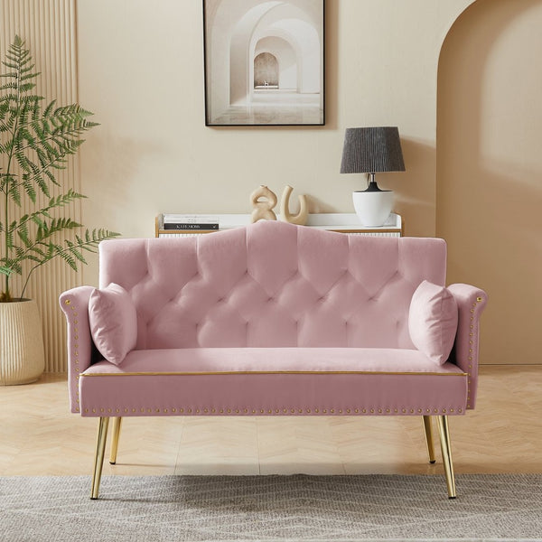 English Elm Pink Velvet Tufted Loveseat with Metal Legs for Bedroom or Apartment Living W3985P481338