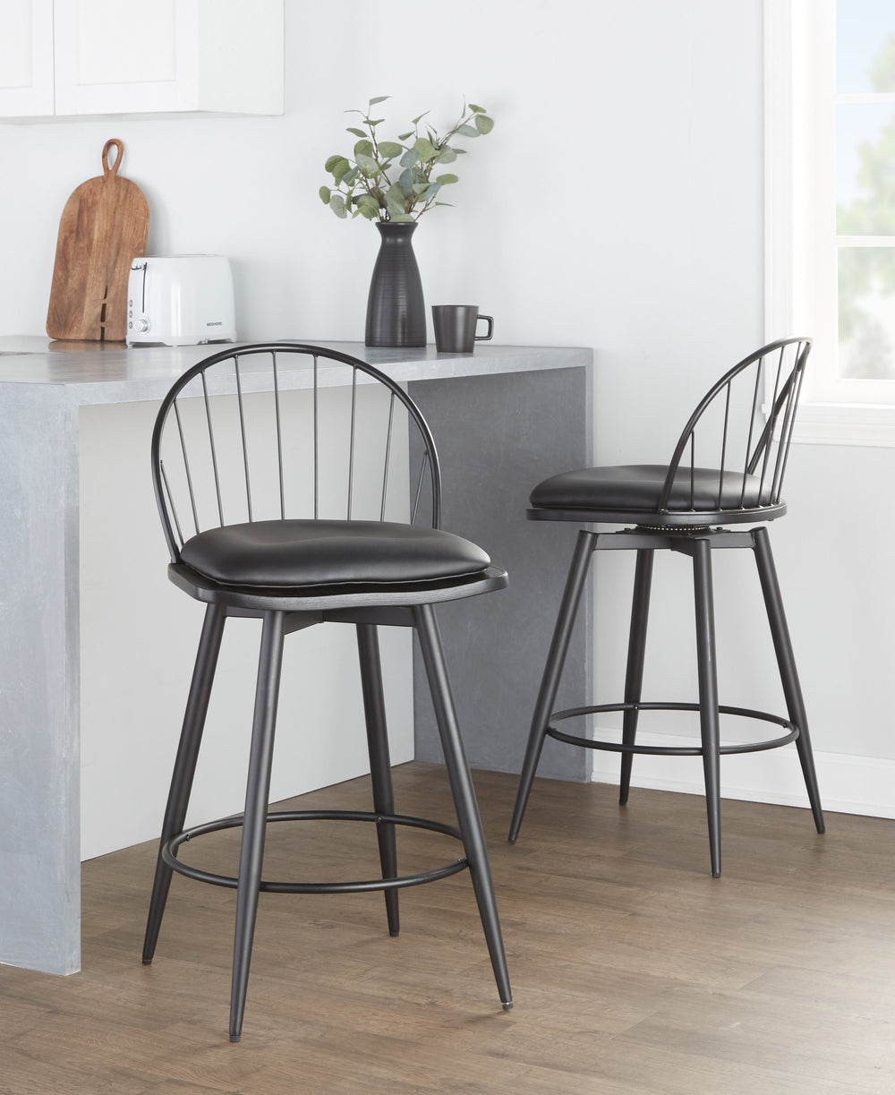 English Elm Riley 26" Farmhouse Fixed-Height Swivel Counter Stools Set of 2 - Matte Black Metal, Faux Leather Cushioned Seats, Round Footrest B202S00370
