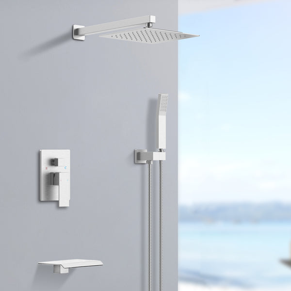 English Elm Rain 10-Inch Square Shower System with Waterfall Tub Spout, Handheld Sprayer, Pressure-Balanced Valve Combo Brushed Nickel T3177P269100