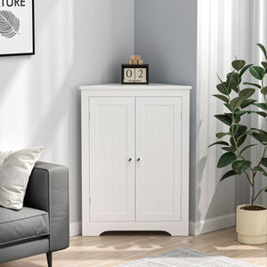 English Elm Floor Corner Cabinet with Beadboard Doors & Adjustable Shelf, Narrow Freestanding White Storage for Bath, Kitchen, Living Room, Bedroom W808P175911