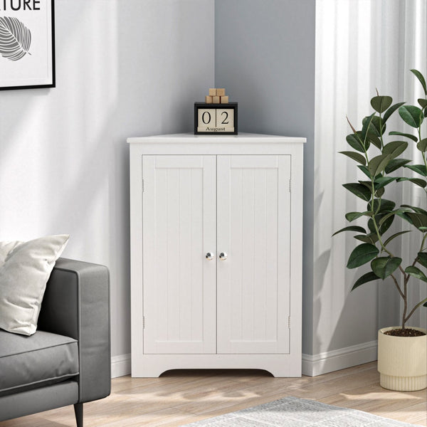 English Elm Floor Corner Cabinet with Beadboard Doors & Adjustable Shelf, Narrow Freestanding White Storage for Bath, Kitchen, Living Room, Bedroom W808P175911