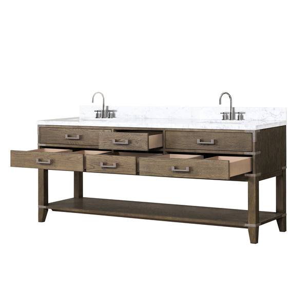 English Elm Grey Oak Double Bath Vanity 80" With Carrara Marble Top, Chrome Faucet & Ample Storage Solutions B2731P260346