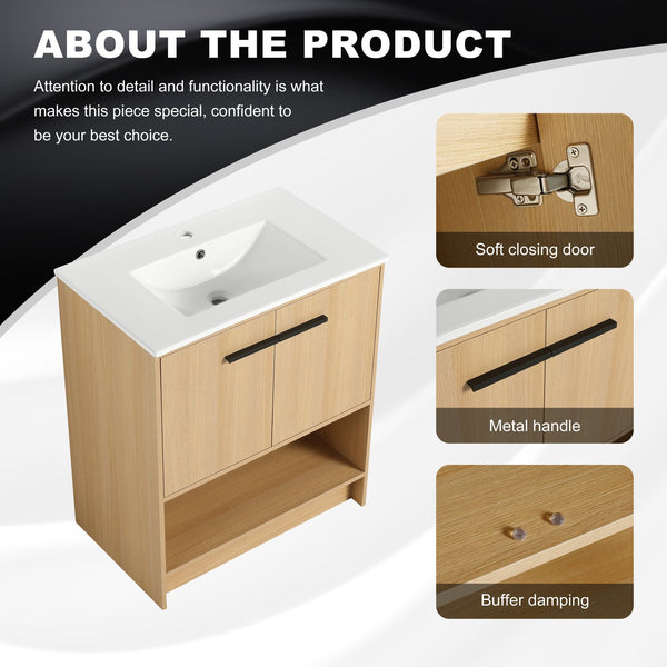 English Elm 30" Bathroom Vanity With Integrated Ceramic Sink, Soft-Close Doors & Open Shelf For Easy Storage W1972S00017
