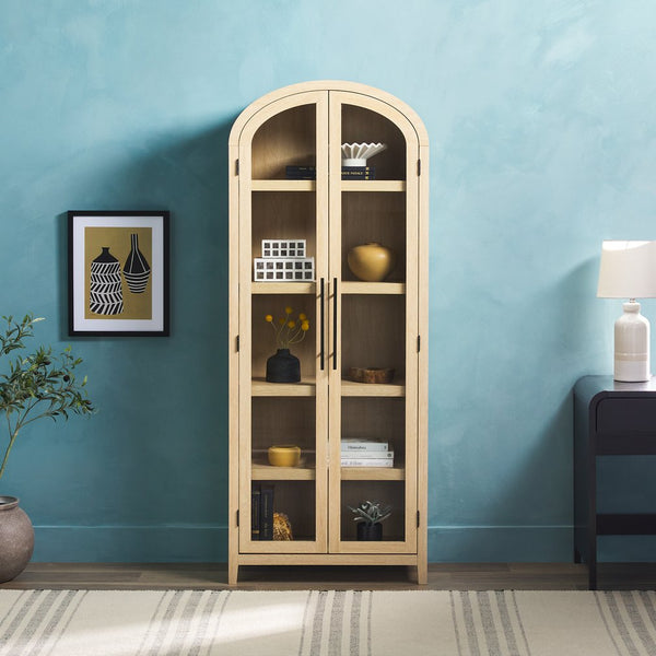 English Elm Walker Edison - Modern 5 Shelf Arched Tall Bookcase with Tempered Glass Doors, MDF Durability, Sleek Metal Handles, Showcase Pieces in Living and Office Spaces Oak 72.31 L x 19.01 W x 15 H B185S00025