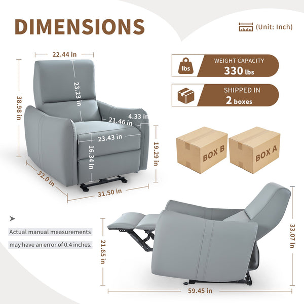 English Elm Wall Zero Wall Power Recliner Chair with Overstuffed Backrest, USB Type-C Charging Port, Space-Saving Electric Recliner for Small Rooms Blue Gray W1028S00036