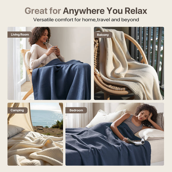JLA Home Madison Park - Cotton Waffle-Weave Blanket — Ultra-Soft 100% Breathable Cotton, OEKO‑TEX Certified, Machine Washable Indigo BR51N-3830