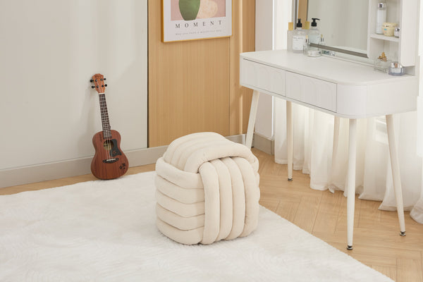 English Elm 060-Chenille Plush Knot Ottoman Stool with Foam Fill & Wooden Frame — Stylish, Comfortable Indoor Seat (No Assembly) Beige W527P239023