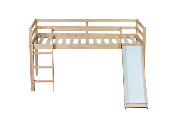 English Elm Twin Low Loft Bed with Slide and Ladder for Kids, Rubberwood Frame, Safety Guardrails & Playspace White Oak W504P218527
