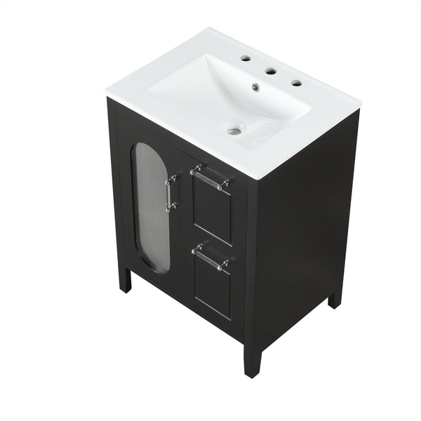 English Elm 24" Modern Bathroom Vanity with Ceramic Sink, Solid Wood & MDF Cabinet, Two Drawers, Shelf Black N725P245273B