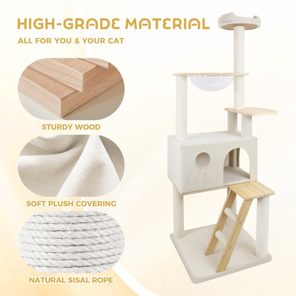 English Elm Wood Multi-level Cat Tower with Transparent Pod Condo Sisal Posts and Plush Perches W243P326634