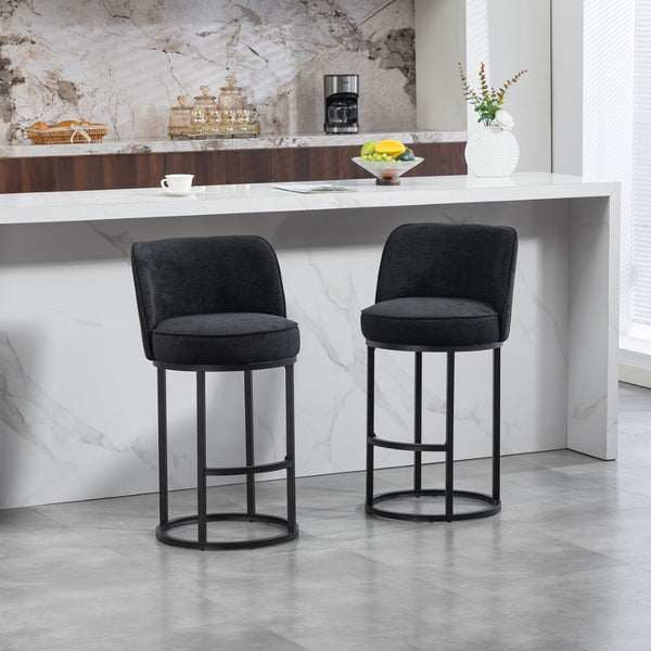 English Elm Counter Height Barstools Set of 2 Linen Upholstered Barrel Seat with Iron Legs Black W395P410438