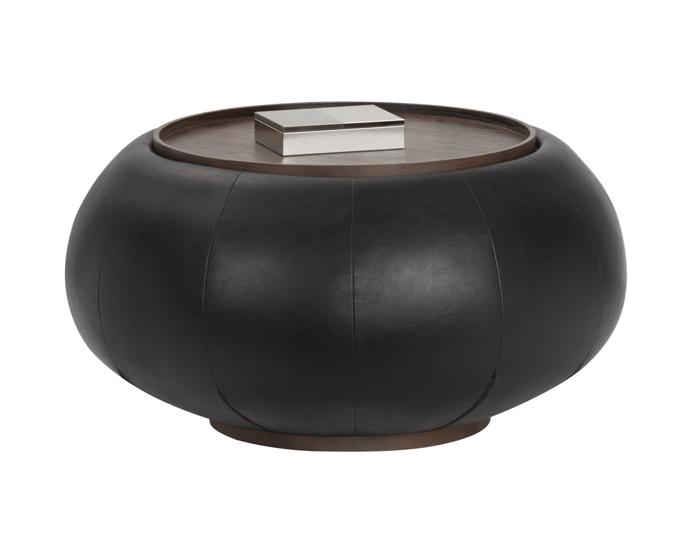 Sunpan Zenzi Contemporary Storage Coffee Table with Faux Leather, Ash Veneer Tray, and Hidden Storage Space Bravo Black