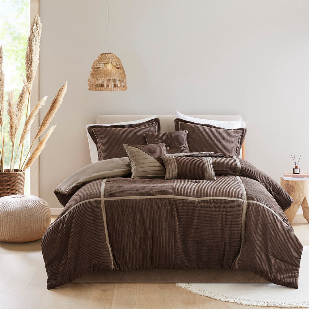 JLA Home Madison Park - 7 Micro Corduroy Comforter Set with Brushed Reverse, Taped Seams & Tailored Shams for Year-Round Cozy Style Brown MP10-8475