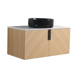 English Elm 36" Modern Wall-Mounted Bathroom Vanity With Ceramic Vessel Sink & Soft-Close Doors, Light Oak Finish W999S00452