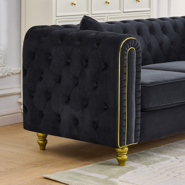 English Elm 86" Chesterfield Velvet Three Seat Sofa Button Tufted Rolled Arms Gold Legs Living Room Black W3373S00078