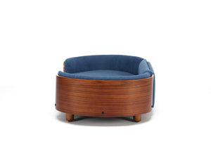 English Elm Scandinavian Mid-century Pet Sofa with Walnut Bentwood Back and Navy Velvet Cushion Dark Blue W794125941