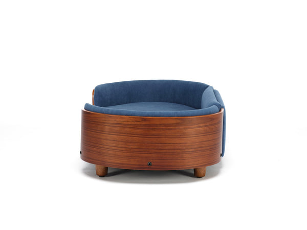 English Elm Scandinavian Mid-century Pet Sofa with Walnut Bentwood Back and Navy Velvet Cushion Dark Blue W794125941