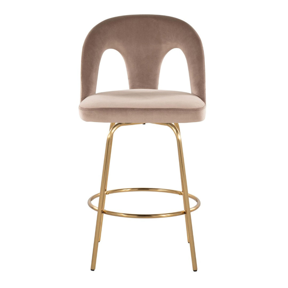English Elm Fixed-height Swivel Counterstools with White Upholstery Gold Footrest Set of 2 Taupe B202S01790