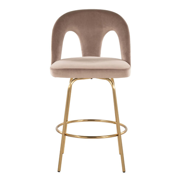 English Elm Fixed-height Swivel Counterstools with White Upholstery Gold Footrest Set of 2 Taupe B202S01790
