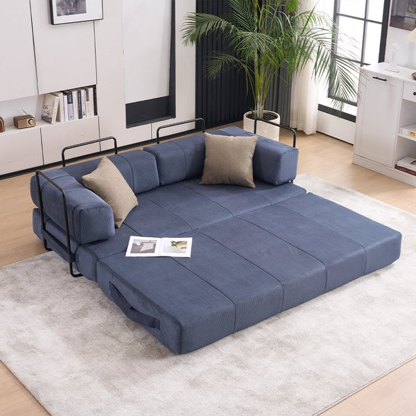 English Elm Folding Sofa Bed with Corduroy Cover, 78.5" Convertible Futon Couch, No-Assembly Foam Spring Mattress, Compact Sleeper for Living Room Blue W2915P276732