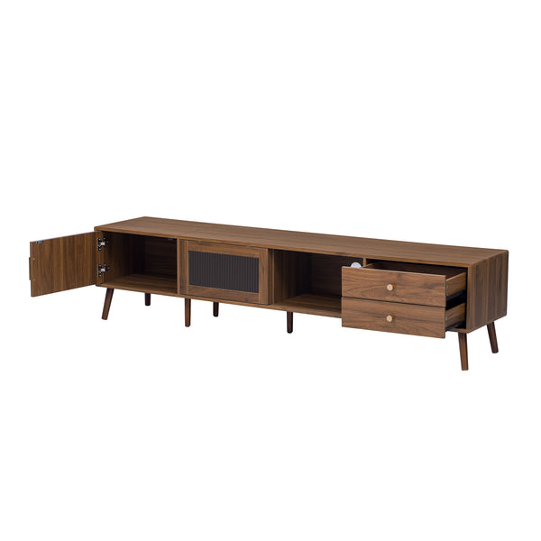English Elm 76" Modern Minimal TV Stand with Waveform Glass Doors, Soft-Close Drawers, Cable Management, Solid Wood Legs (Fits TVs up to 85") N710P298234P