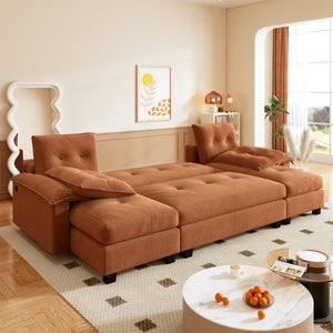 English Elm 104.7" U-Shaped Sleeper Sofa with Pull-Out Bed, Convertible Modular Sectional with Chaise, USB Ports, Chenille Upholstery Orange W1885S00213