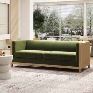 English Elm Jennifer Taylor Home - Georgia 81" Cane Rattan Tuxedo Sofa Olive Green Performance Velvet Solid Oak Frame Removable Cushions B2719P238322