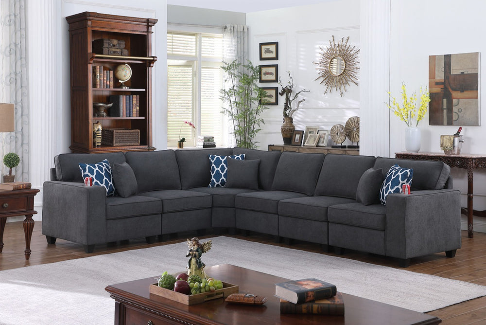 English Elm Cristiano Six Piece Modular Sectional Woven Gray Fabric with Reversible Chaise and Cupholders B2749S00113