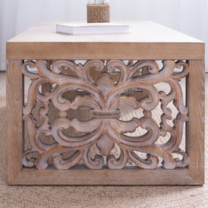 English Elm 47.2" Rustic Carved Wood Coffee Table with Ornate Cut-Out Panels, Natural Finish, Farmhouse Chic W2729P298156