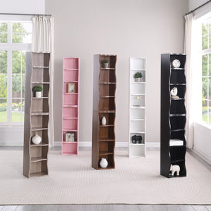 English Elm 8-layer ultra-thin 8-tier tall bookshelf with wavy edge design, space-saving display shelf for home office White W487P339359