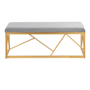 English Elm Folia Glam Metal Bench - Grey Velvet Upholstered Seating with Gold Geometric Frame, Seats Two B202P223516