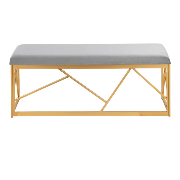 English Elm Folia Glam Metal Bench - Grey Velvet Upholstered Seating with Gold Geometric Frame, Seats Two B202P223516
