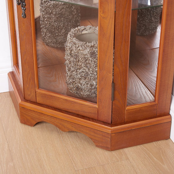English Elm Lighted Corner Curio Cabinet With Adjustable Shelves & Tempered Glass - Elegant Oak Display Piece W1758P300132
