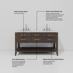 English Elm Brown Oak Double Bath Vanity With Carrara Marble Top & 2 Elegant Mirrors - Stylish Storage Solution B2731S01631
