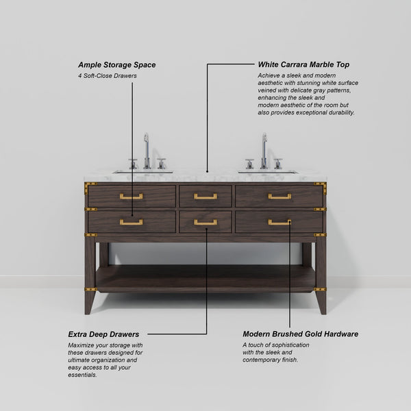 English Elm Brown Oak Double Bath Vanity With Carrara Marble Top & 2 Elegant Mirrors - Stylish Storage Solution B2731S01631