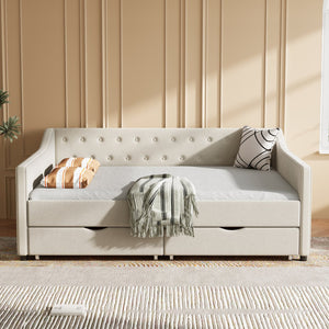 English Elm Full Size Upholstered Daybed With Storage Drawers - Elegant Tufted Sofa Bed In Beige For Versatility W2336S00034