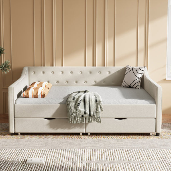 English Elm Full Size Upholstered Daybed With Storage Drawers - Elegant Tufted Sofa Bed In Beige For Versatility W2336S00034
