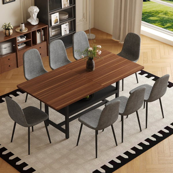 English Elm Table Set: 71" Walnut Grain Dining Table With 8 Dark Gray Linen-Cotton Chairs For Modern Homes W1151S04295-GIGA