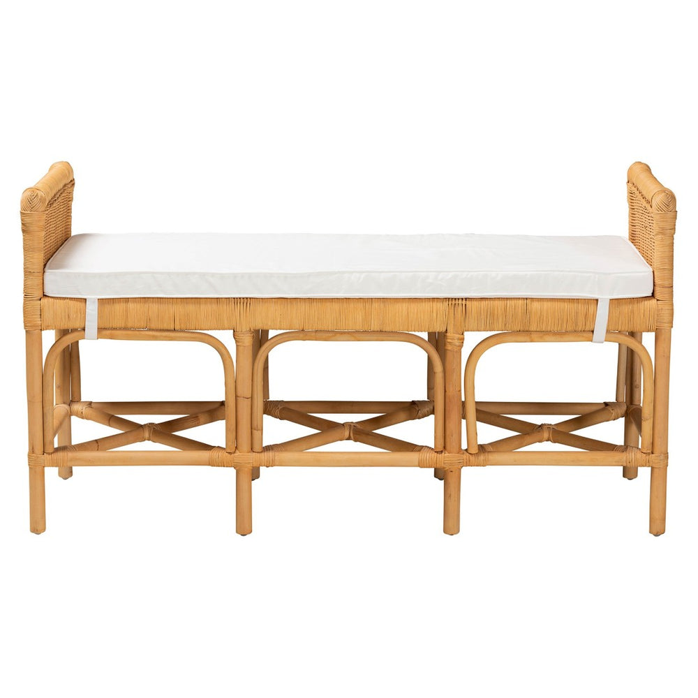 English Elm Modern Bohemian Rattan Bench with Woven Frame Open Shelf and Cushion for Entryway B2750P467674