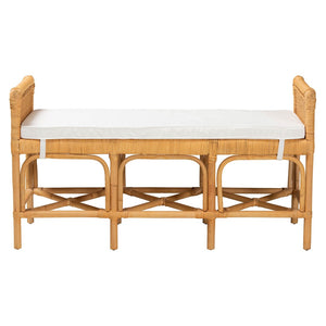 English Elm Modern Bohemian Rattan Bench with Woven Frame Open Shelf and Cushion for Entryway B2750P467674