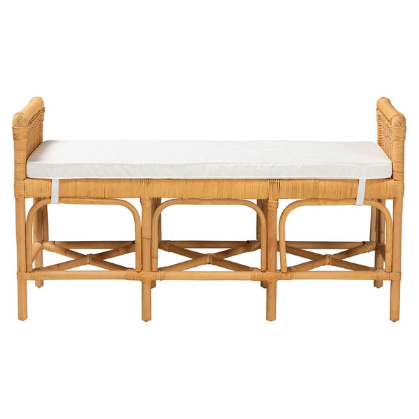 English Elm Modern Bohemian Rattan Bench with Woven Frame Open Shelf and Cushion for Entryway B2750P467674