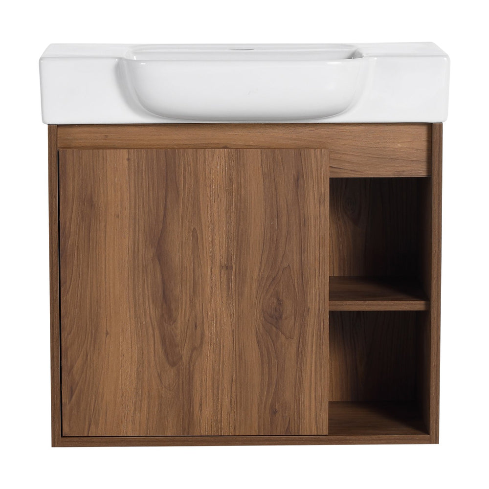 English Elm 24'' Wall-Mounted Bathroom Vanity with White Ceramic Sink, Soft-Close Door, Open Shelves, Moisture-Resistant Finish W999P263406