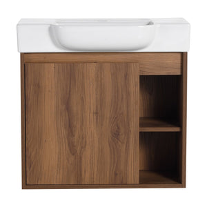 English Elm 24'' Wall-Mounted Bathroom Vanity with White Ceramic Sink, Soft-Close Door, Open Shelves, Moisture-Resistant Finish W999P263406